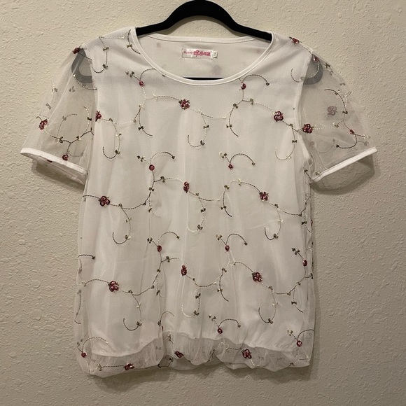 Sheer Sleeve Cottage Core Floral Embroidered Bubble Hem Top (Fits like a M/L) - Picture 1 of 4